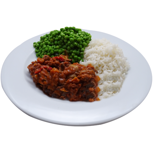 Hongaarse rundergoulash met doperwten en witte rijst (zoutarm/natriumarm). Hongaarse rundergoulash met doperwten en witte rijst (zoutarm/natriumarm).